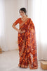 Rust Orange Georgette Leaf Print Saree with Golden Embroidered Border 