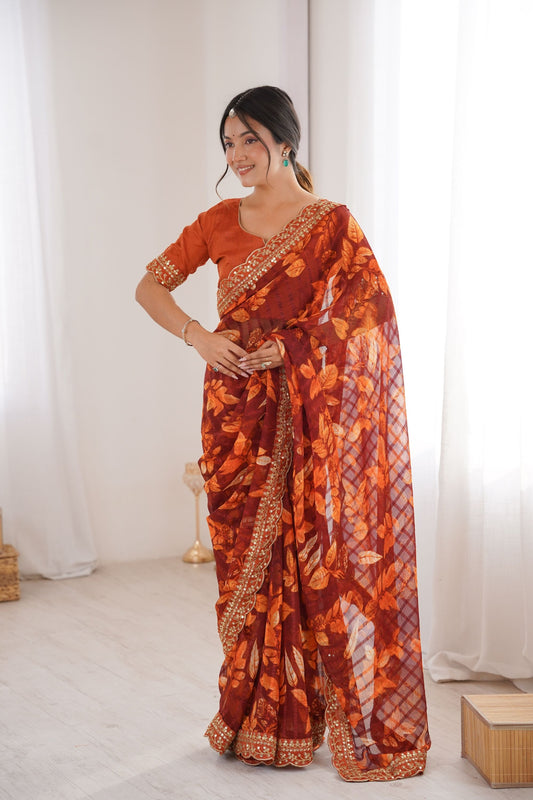 Rust Orange Georgette Leaf Print Saree with Golden Embroidered Border 