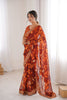 Rust Orange Georgette Leaf Print Saree with Golden Embroidered Border