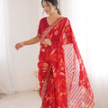 Red Georgette Leaf Print Saree with Golden Embroidered Border