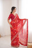 Red Georgette Leaf Print Saree with Golden Embroidered Border 