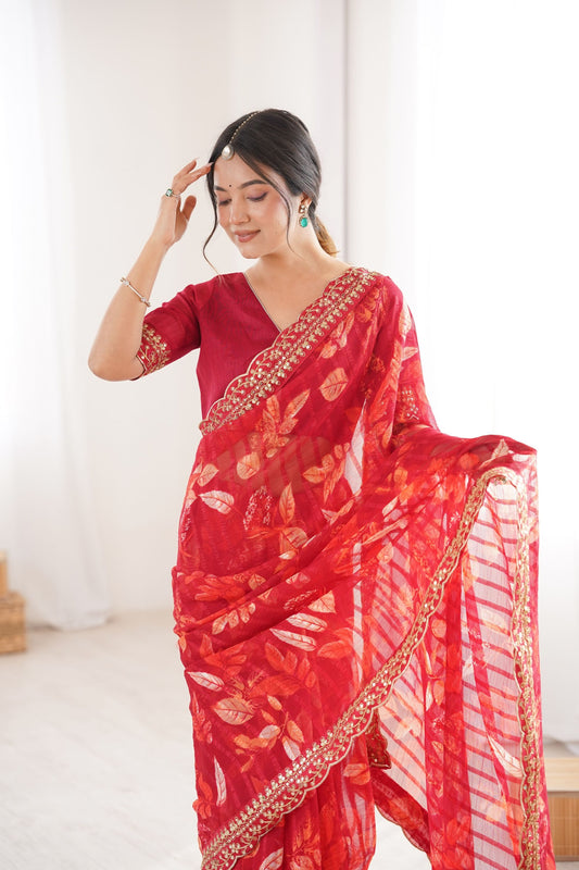 Red Georgette Leaf Print Saree with Golden Embroidered Border