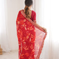 Red Georgette Leaf Print Saree with Golden Embroidered Border