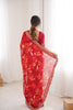 Red Georgette Leaf Print Saree with Golden Embroidered Border