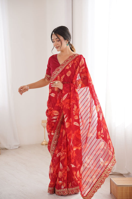 Red Georgette Leaf Print Saree with Golden Embroidered Border