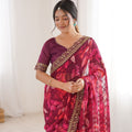 Wine Maroon Georgette Leaf Print Saree with Golden Embroidered Border