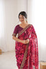 Wine Maroon Georgette Leaf Print Saree with Golden Embroidered Border