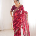 Wine Maroon Georgette Leaf Print Saree with Golden Embroidered Border