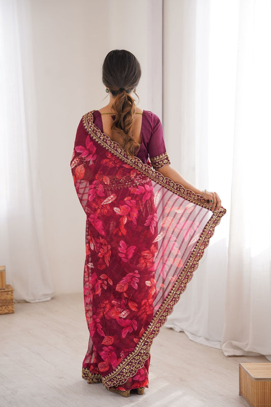 Wine Maroon Georgette Leaf Print Saree with Golden Embroidered Border