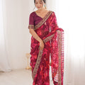 Wine Maroon Georgette Leaf Print Saree with Golden Embroidered Border