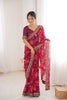 Wine Maroon Georgette Leaf Print Saree with Golden Embroidered Border