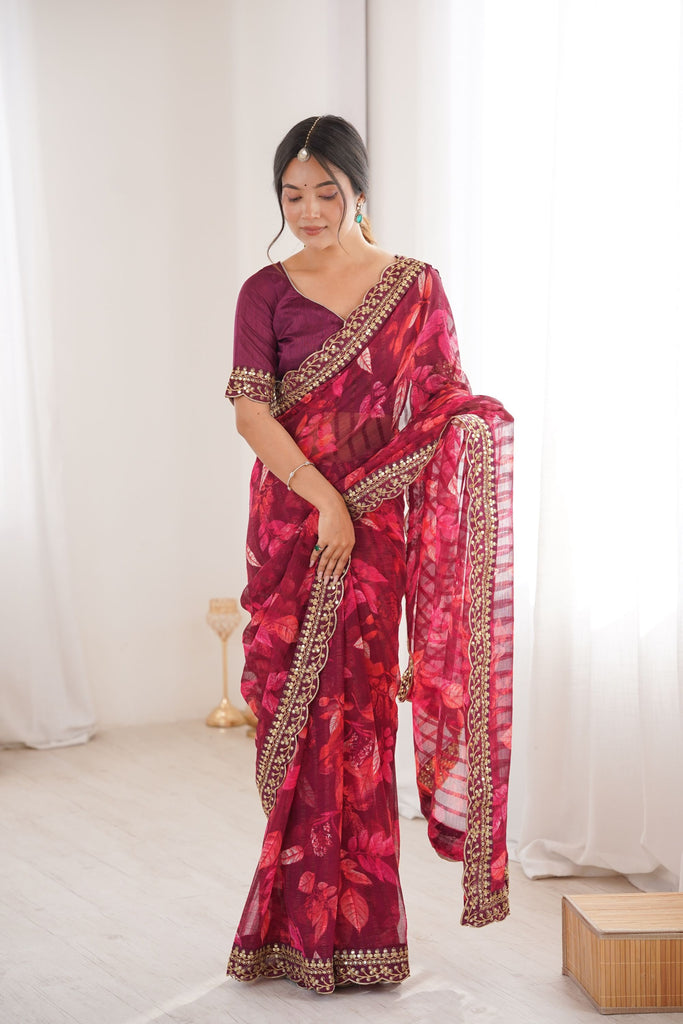 Wine Maroon Georgette Leaf Print Saree with Golden Embroidered Border