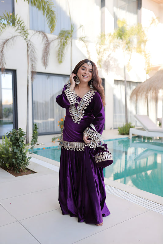 Luxury Purple Velvet Embroidered Salwar Suit with Mirror Work