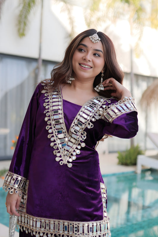 Luxury Purple Velvet Embroidered Salwar Suit with Mirror Work