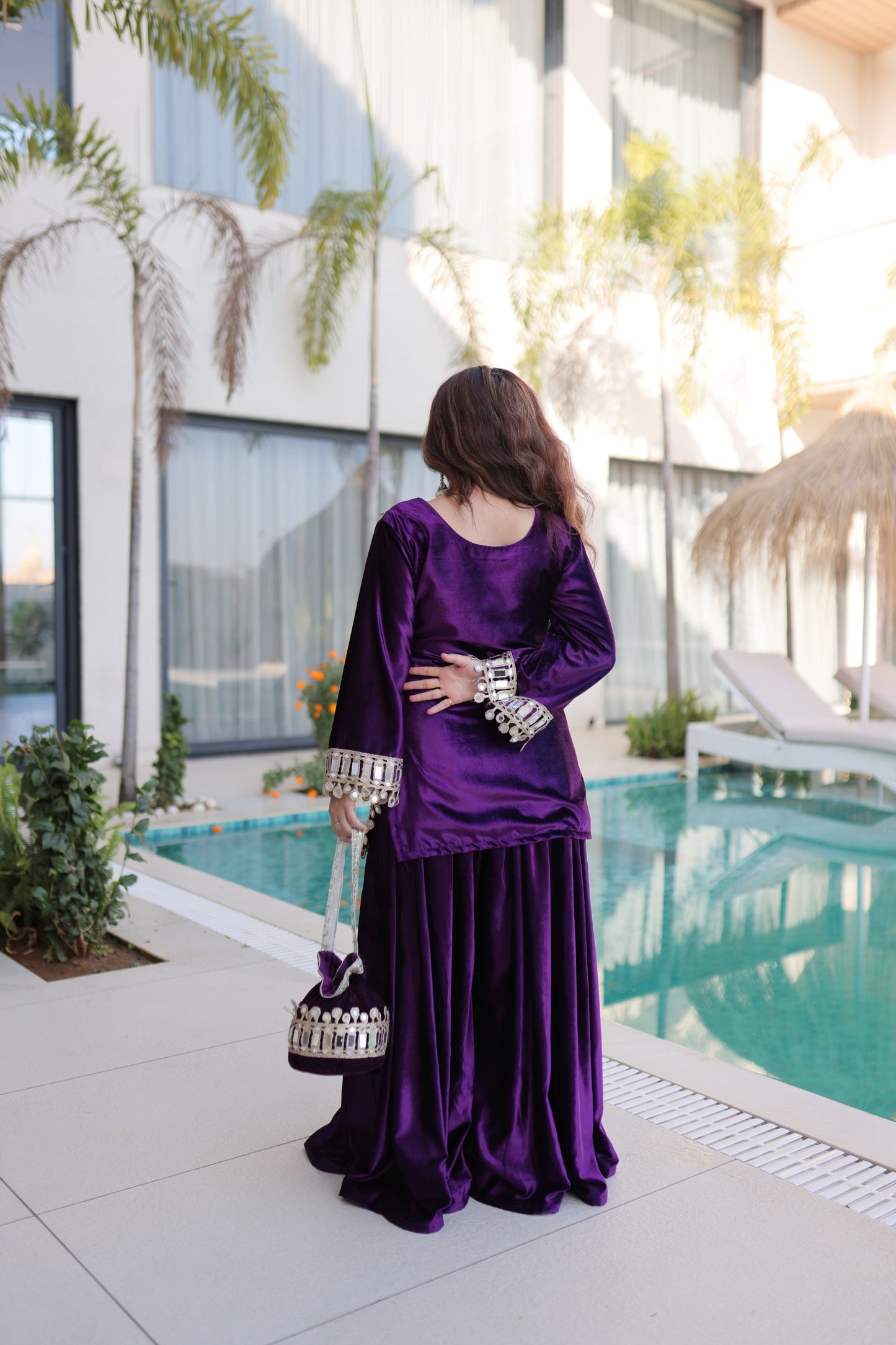 Luxury Purple Velvet Embroidered Salwar Suit with Mirror Work