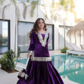 Luxury Purple Velvet Traditional Salwar Suit with Mirror Work and Potli Bag