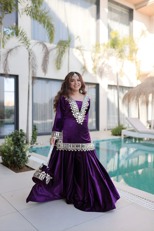 Luxury Purple Velvet Traditional Salwar Suit with Mirror Work and Potli Bag