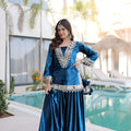 Stunning Teal Blue Velvet Embroidered Salwar Suit with Mirror Work for Wedding
