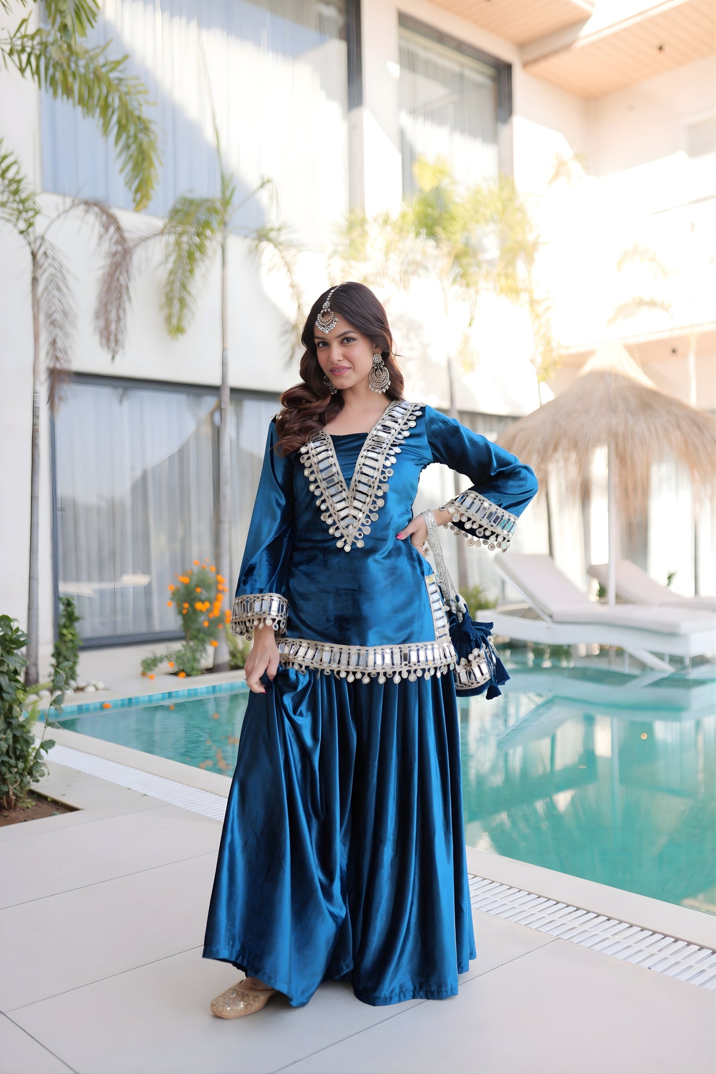 Stunning Teal Blue Velvet Embroidered Salwar Suit with Mirror Work for Wedding