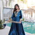 Stunning Teal Blue Velvet Embroidered Salwar Suit with Mirror Work for Wedding