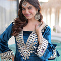 Stunning Teal Blue Velvet Embroidered Salwar Suit with Mirror Work for Wedding