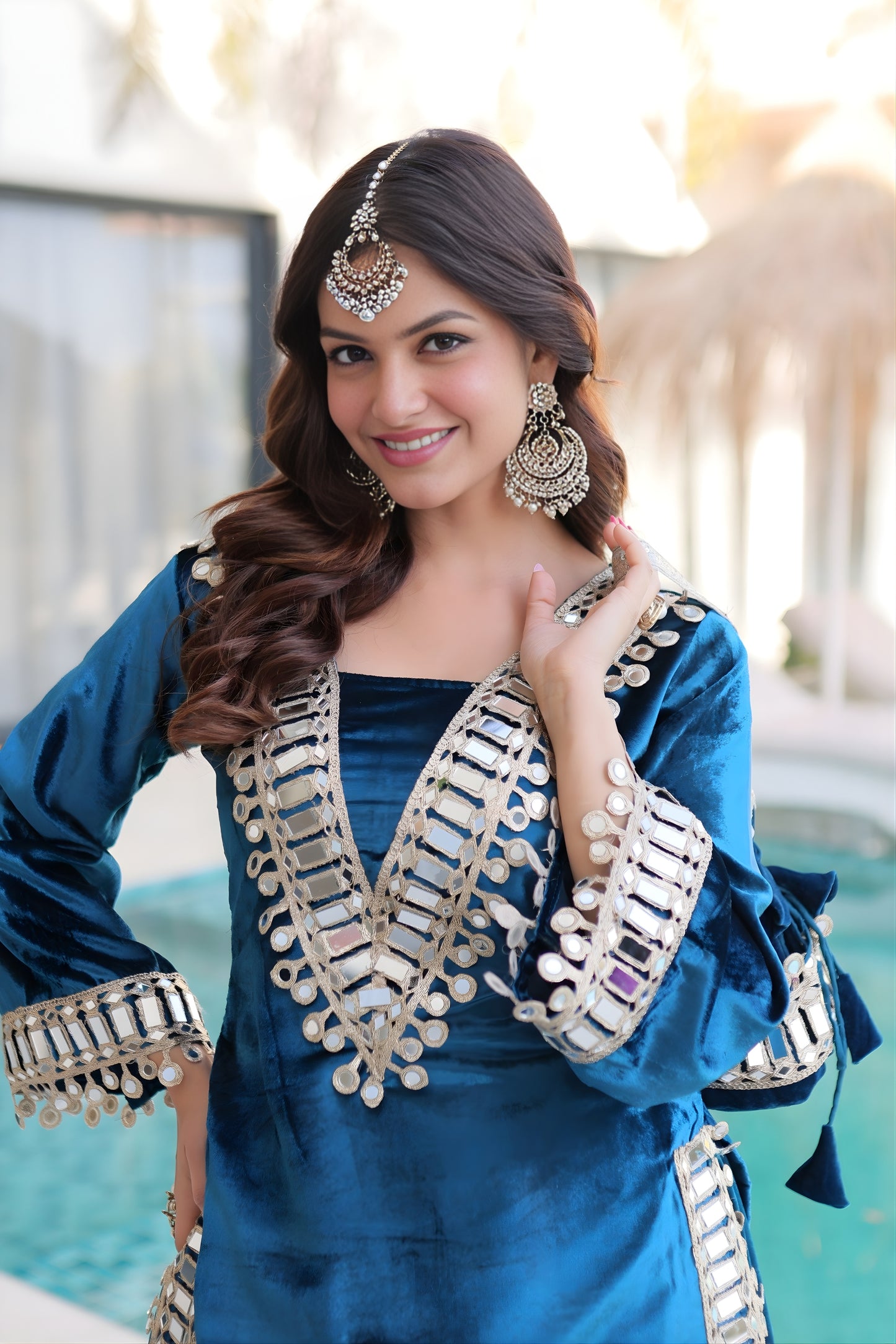 Stunning Teal Blue Velvet Embroidered Salwar Suit with Mirror Work for Wedding