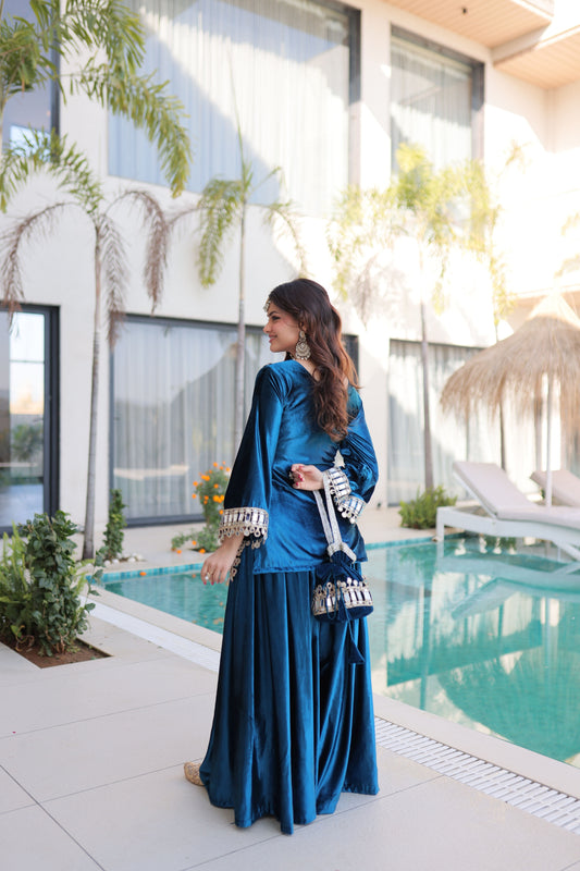Stunning Teal Blue Velvet Embroidered Salwar Suit with Mirror Work for Wedding