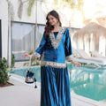 Stunning Teal Blue Velvet Embroidered Salwar Suit with Mirror Work for Wedding