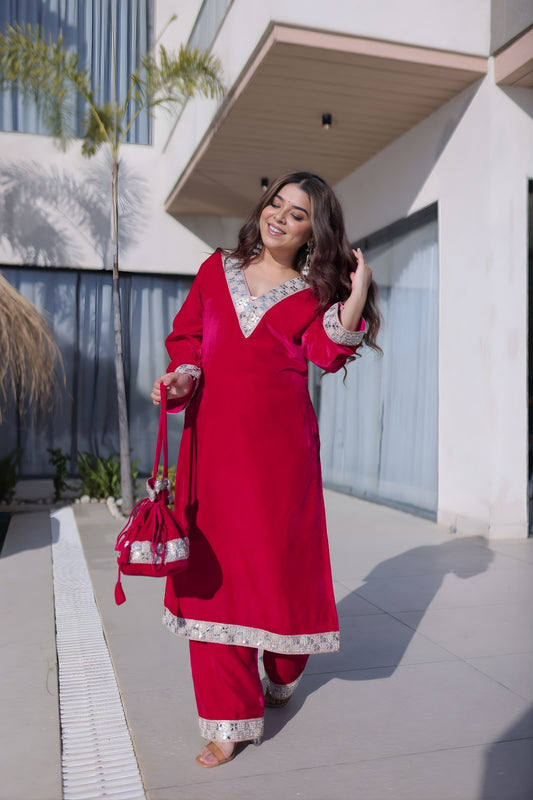 Elegant Rani Pink Velvet Embroidered Salwar Suit with Mirror Work for Wedding