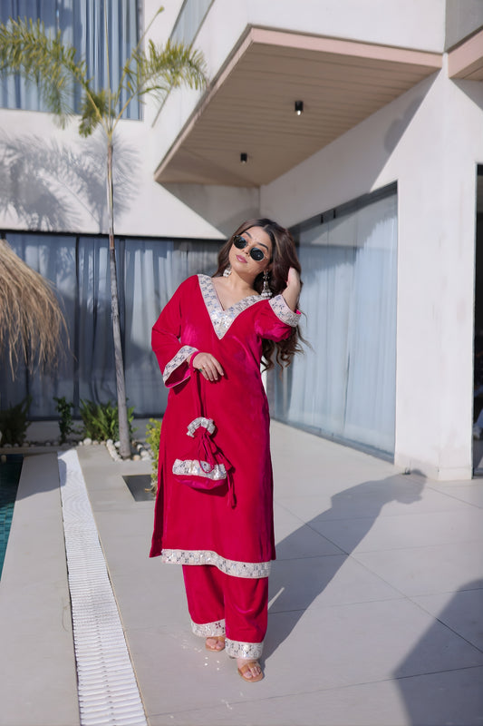 Elegant Rani Pink Velvet Embroidered Salwar Suit with Mirror Work for Wedding