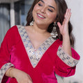 Elegant Rani Pink Velvet Embroidered Salwar Suit with Mirror Work for Wedding