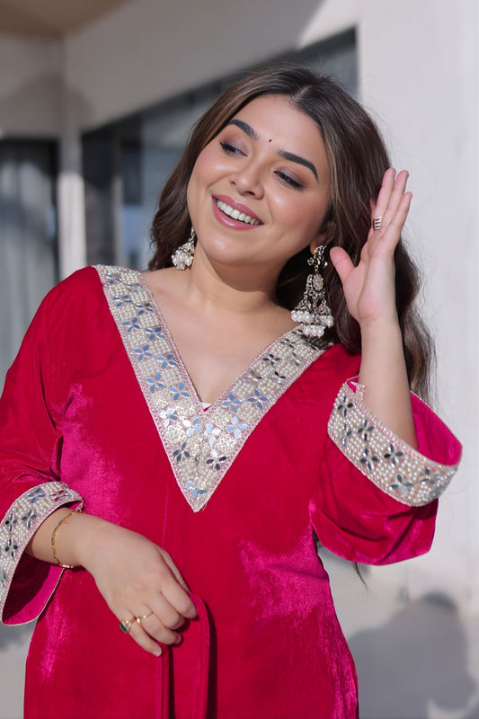 Elegant Rani Pink Velvet Embroidered Salwar Suit with Mirror Work for Wedding