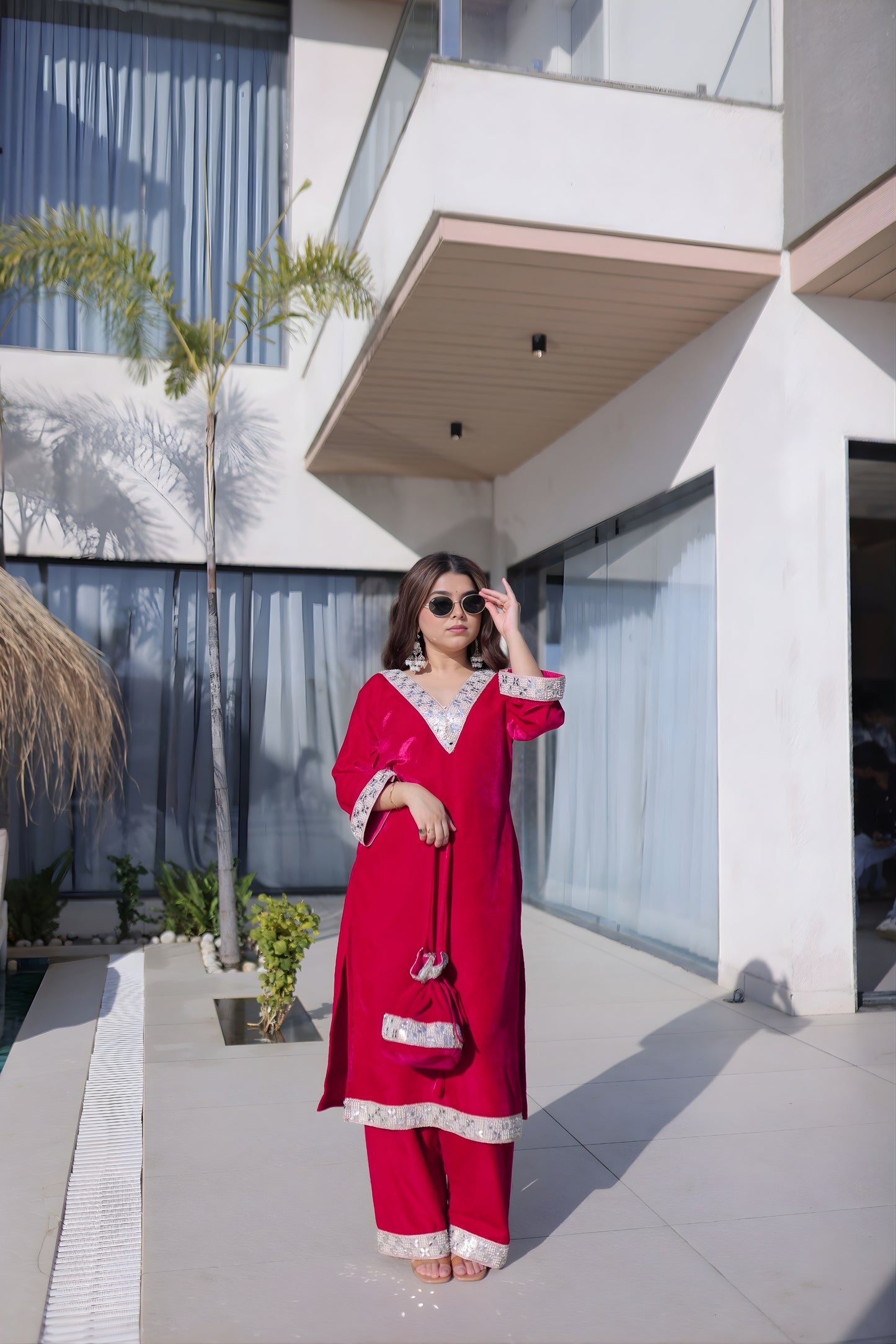 Elegant Rani Pink Velvet Embroidered Salwar Suit with Mirror Work for Wedding