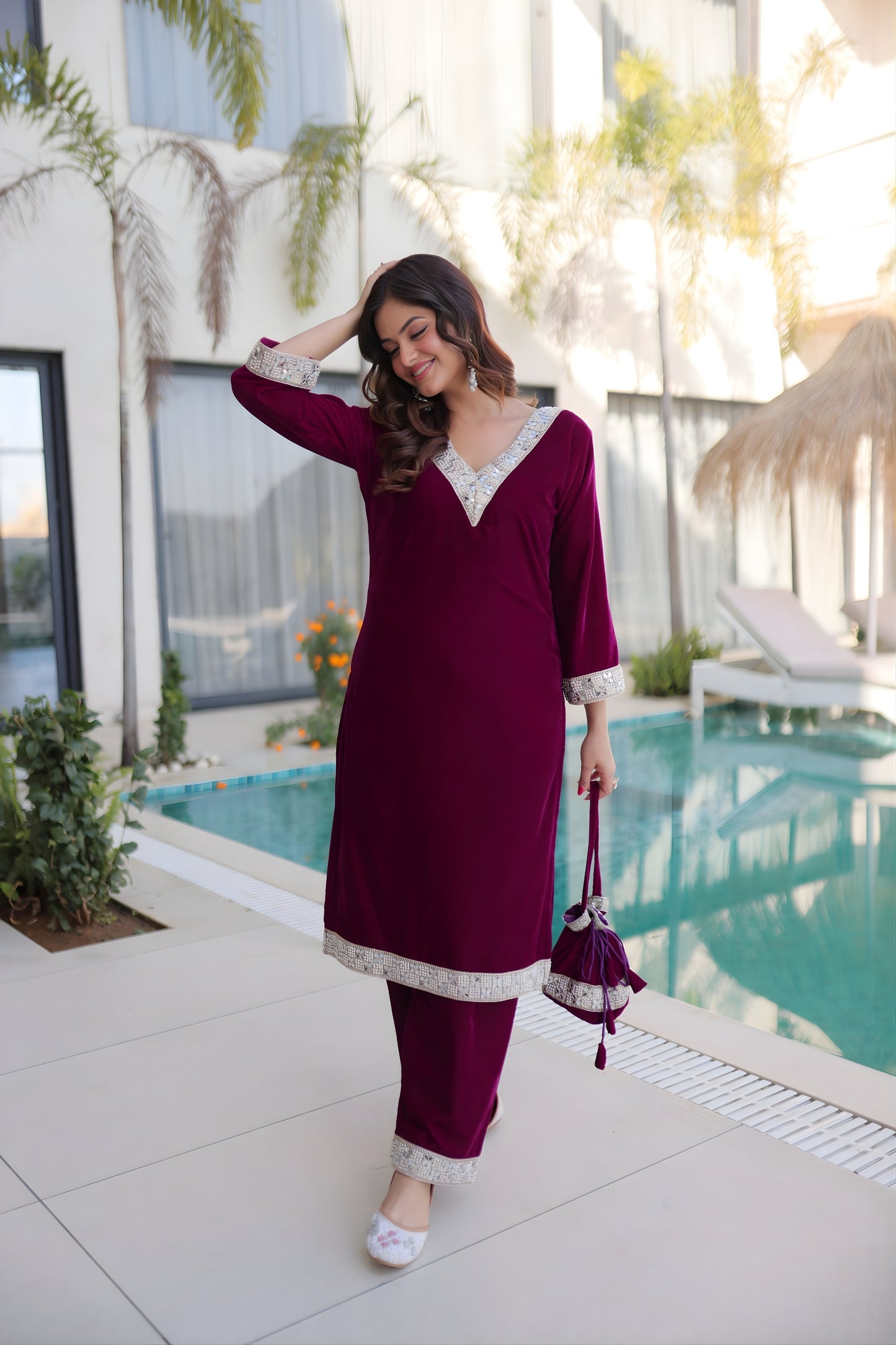 Unique Wine Velvet Embroidered Salwar Suit with Mirror Work for Wedding