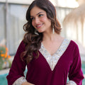 Unique Wine Velvet Embroidered Salwar Suit with Mirror Work for Wedding