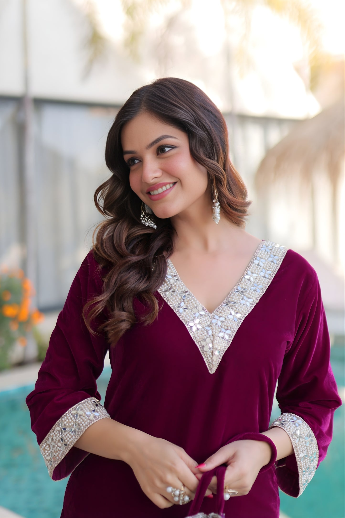Unique Wine Velvet Embroidered Salwar Suit with Mirror Work for Wedding