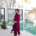 Unique Wine Velvet Embroidered Salwar Suit with Mirror Work for Wedding