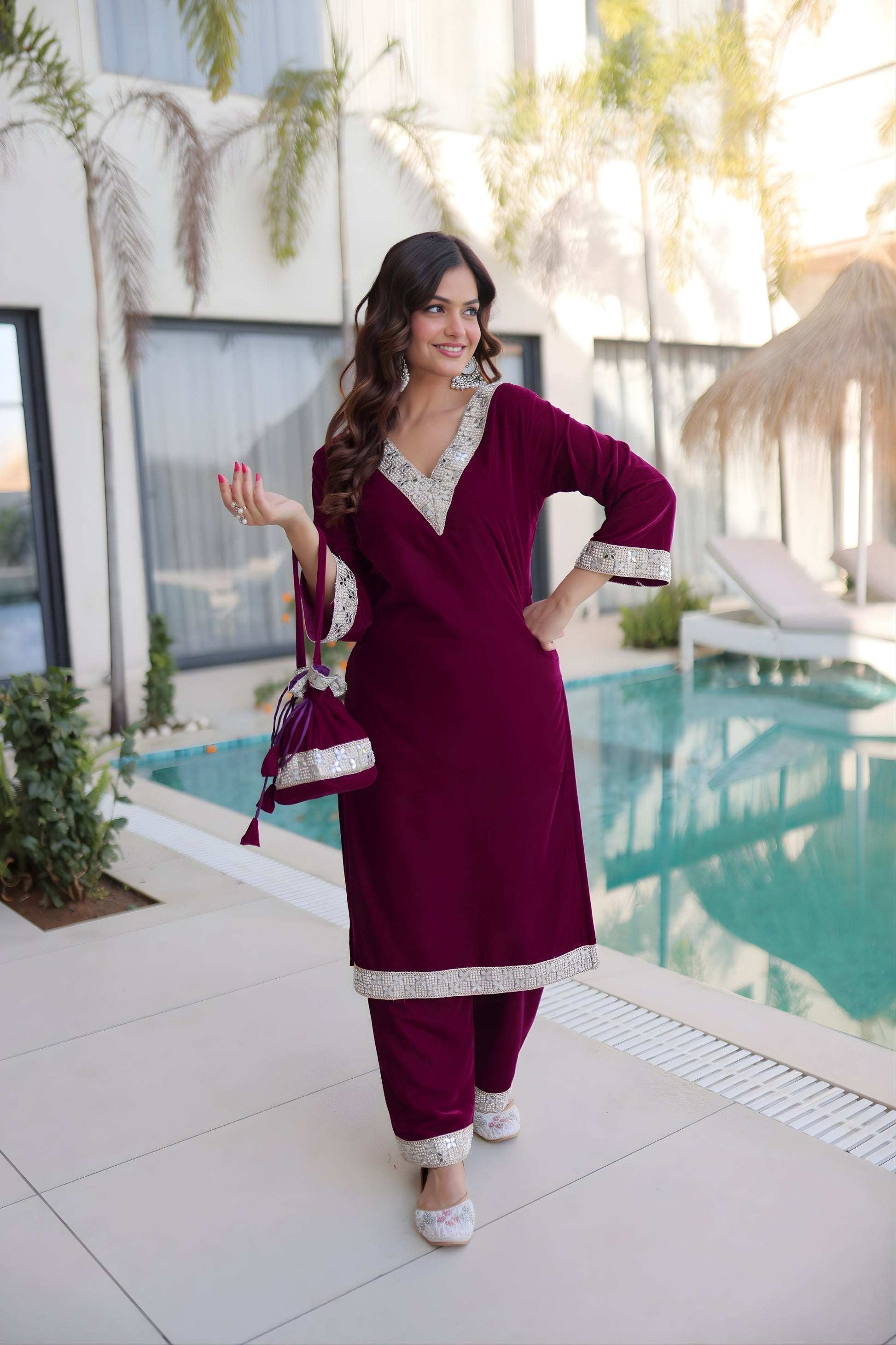 Unique Wine Velvet Embroidered Salwar Suit with Mirror Work for Wedding