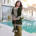Latest Olive Green Velvet Embroidered Salwar Suit with Heavy Mirror Work for Wedding