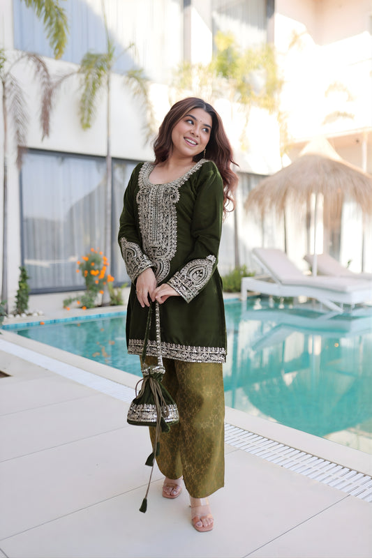 Latest Olive Green Velvet Embroidered Salwar Suit with Heavy Mirror Work for Wedding