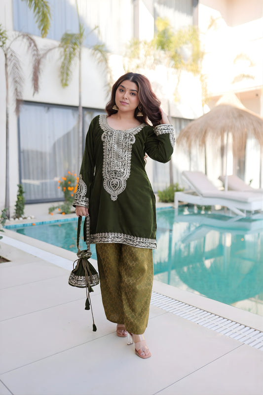 Latest Olive Green Velvet Embroidered Salwar Suit with Heavy Mirror Work for Wedding