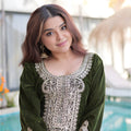 Latest Olive Green Velvet Embroidered Salwar Suit with Heavy Mirror Work for Wedding