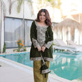 Latest Olive Green Velvet Embroidered Salwar Suit with Heavy Mirror Work for Wedding