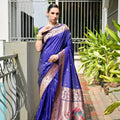 Royal Blue Silk Saree Woven ButtaContrast Pink Peacock Pallu Border