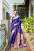 Royal Blue Silk Saree Woven ButtaContrast Pink Peacock Pallu Border