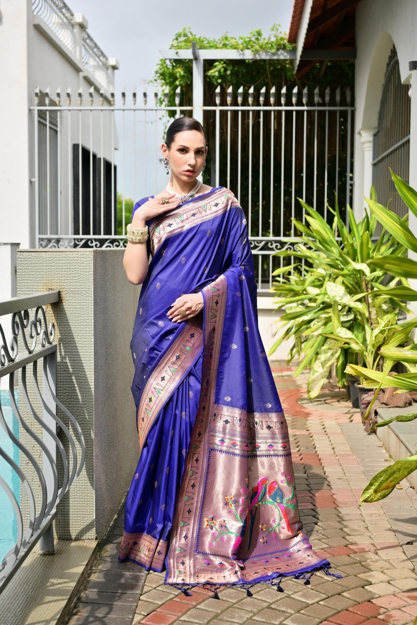 Royal Blue Silk Saree Woven ButtaContrast Pink Peacock Pallu Border