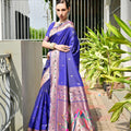 Royal Blue Silk Saree Woven Butta Contrast Pink Peacock Pallu Border