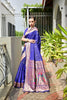 Royal Blue Silk Saree Woven Butta Contrast Pink Peacock Pallu Border