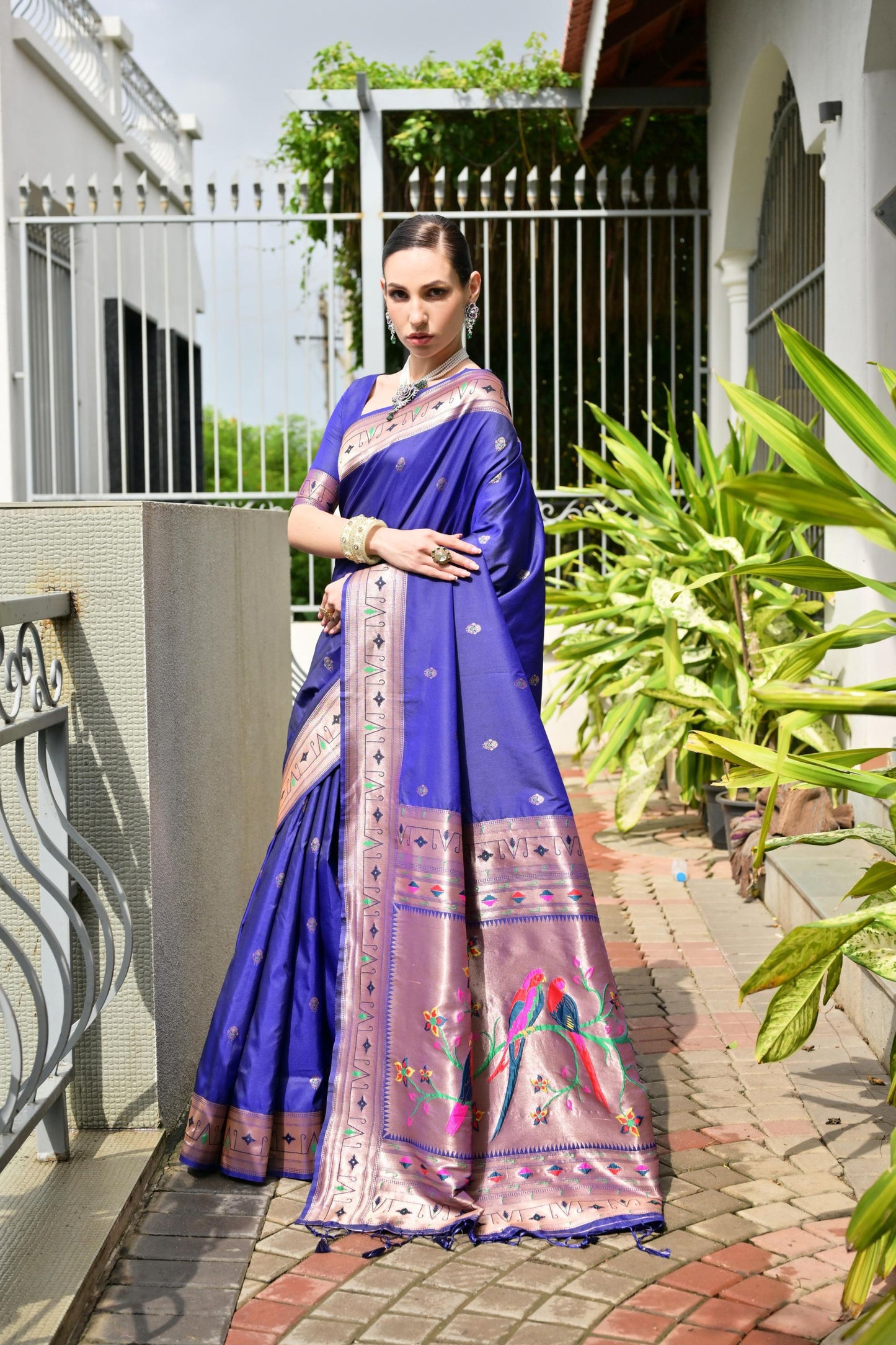 Royal Blue Silk Saree Woven Butta Contrast Pink Peacock Pallu Border