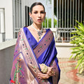 Royal Blue Silk Saree Woven Butta Contrast Pink Peacock Pallu Border